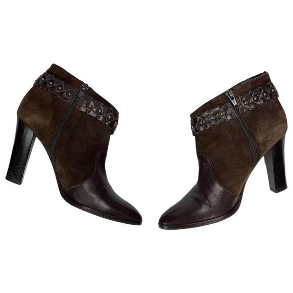 Diane Von Furstenberg Leather Ankle Booties Braided Studded Brown Suede Size 7.5 - Picture 13 of 16